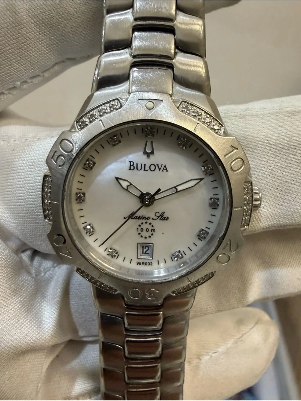 Bulova Marine Star 96R002 Womens Diamond Watch Mother of Pearl Stainless Steel